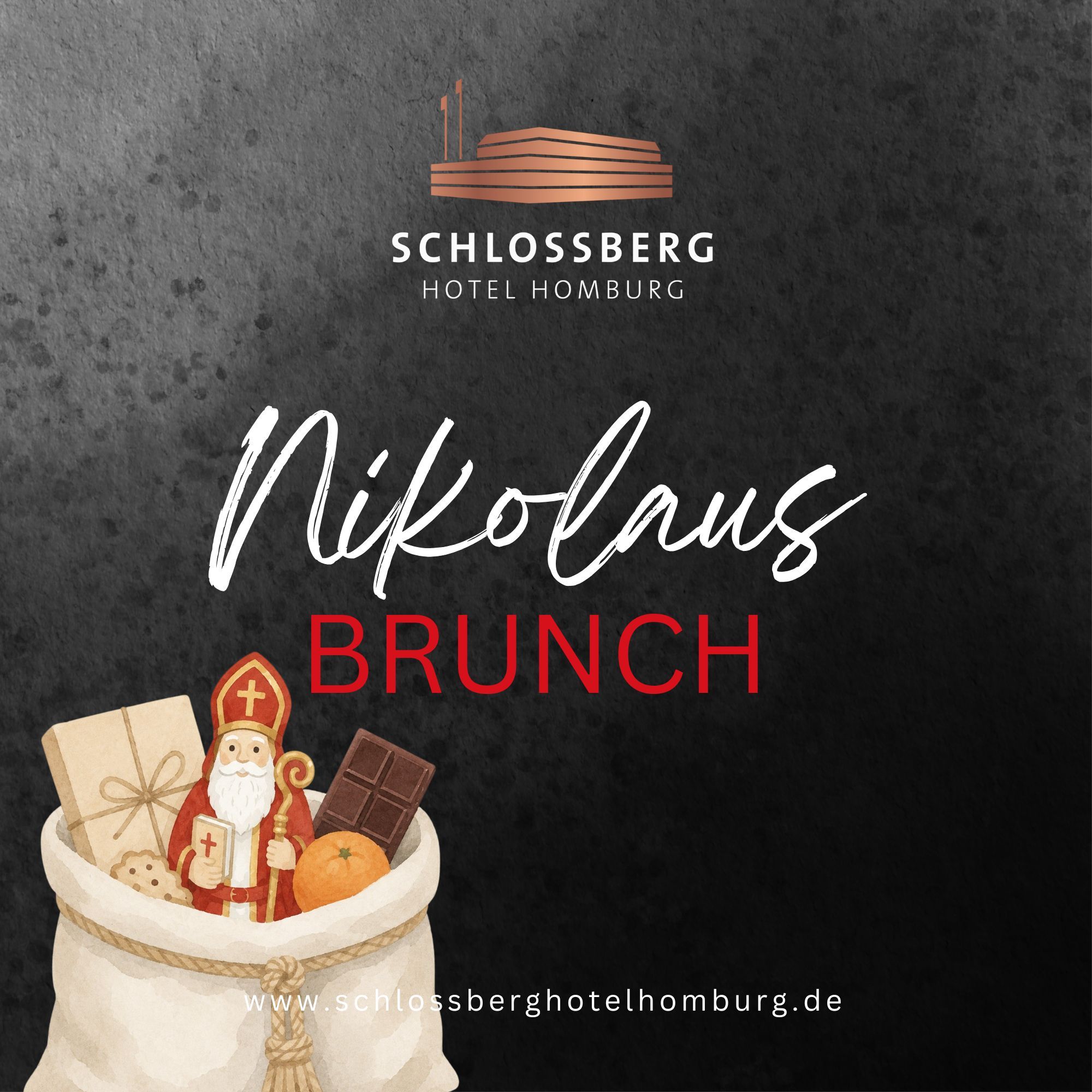 Flyer „Nikolaus Brunch“ des Schlossberg Hotels mit Nikolausfigur und Geschenksack