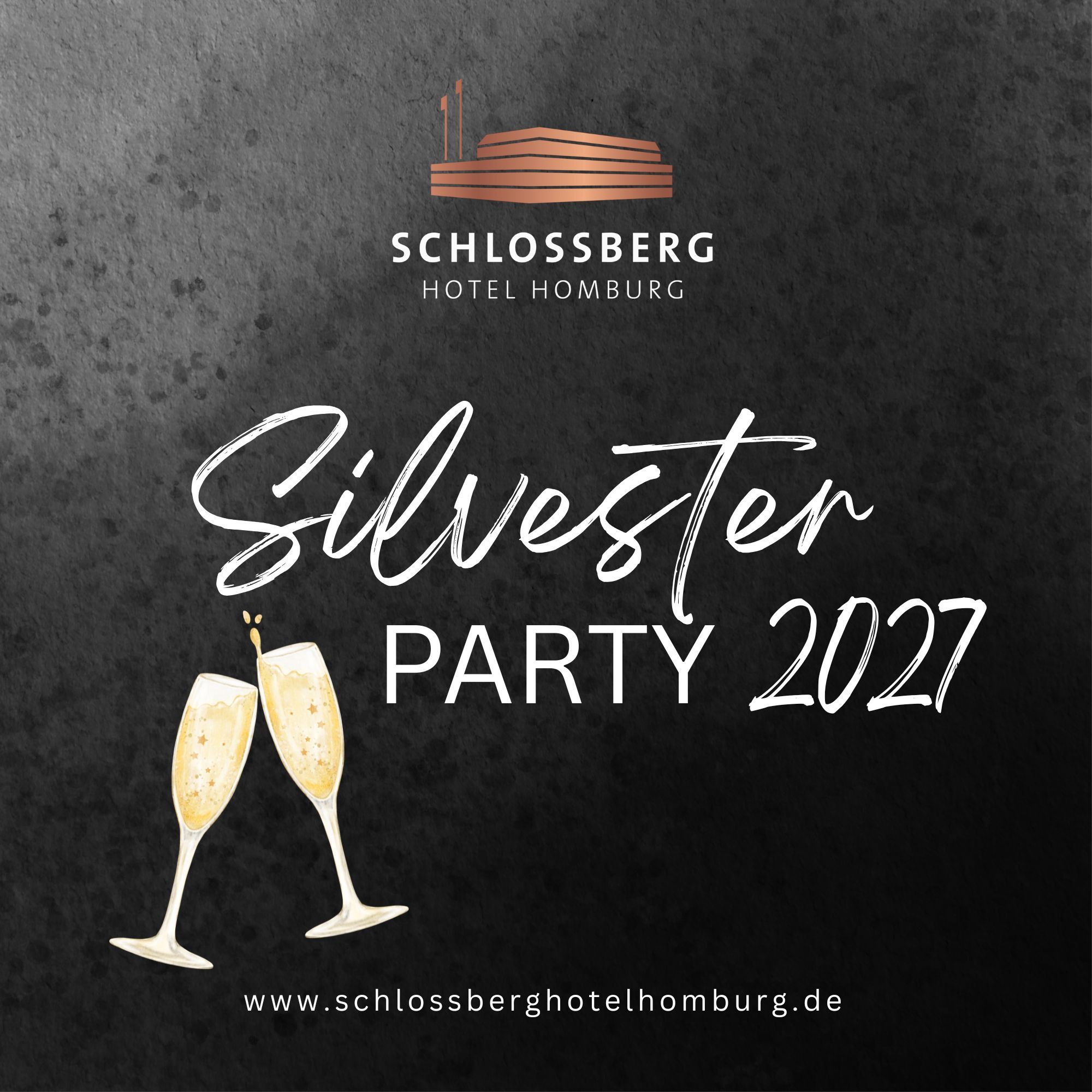 Flyer „Silvester Party 2027“ des Schlossberg Hotels mit zwei Sektgläsern