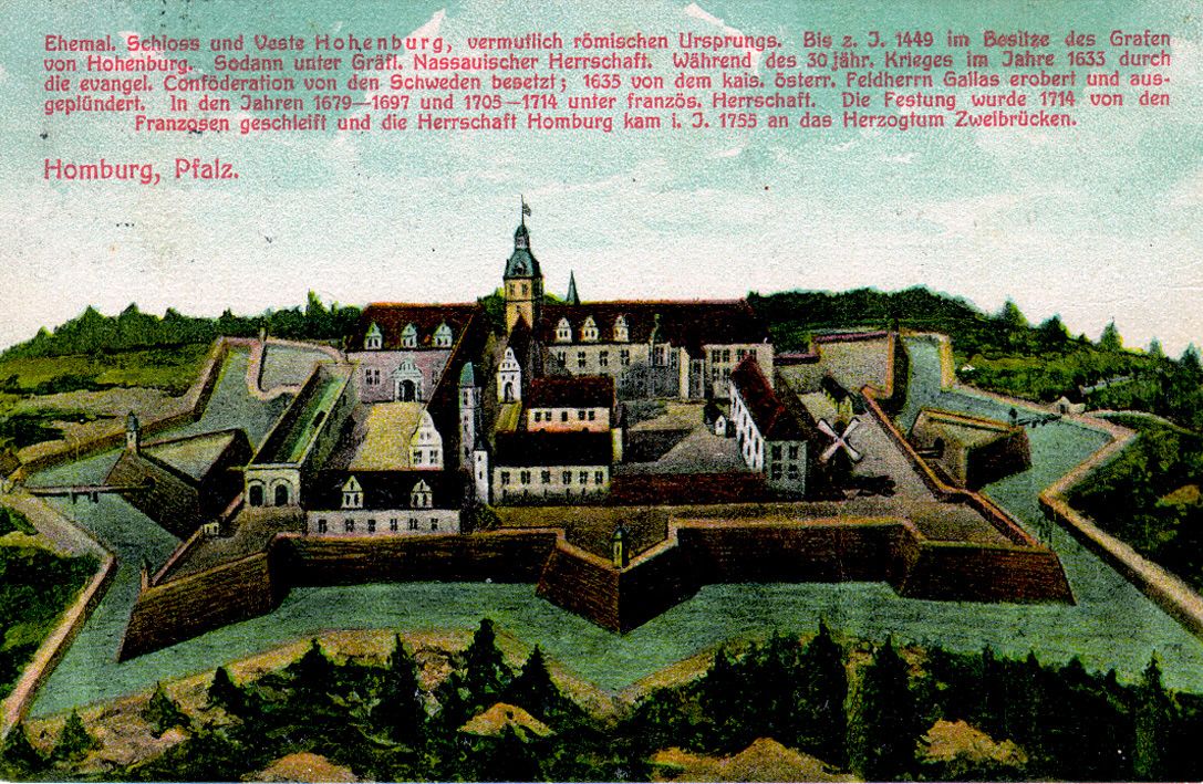 Kolorierte Postkarte mit Schloss und Festung Hohenburg aus der Vogelperspektive, darüber ein historischer Begleittext