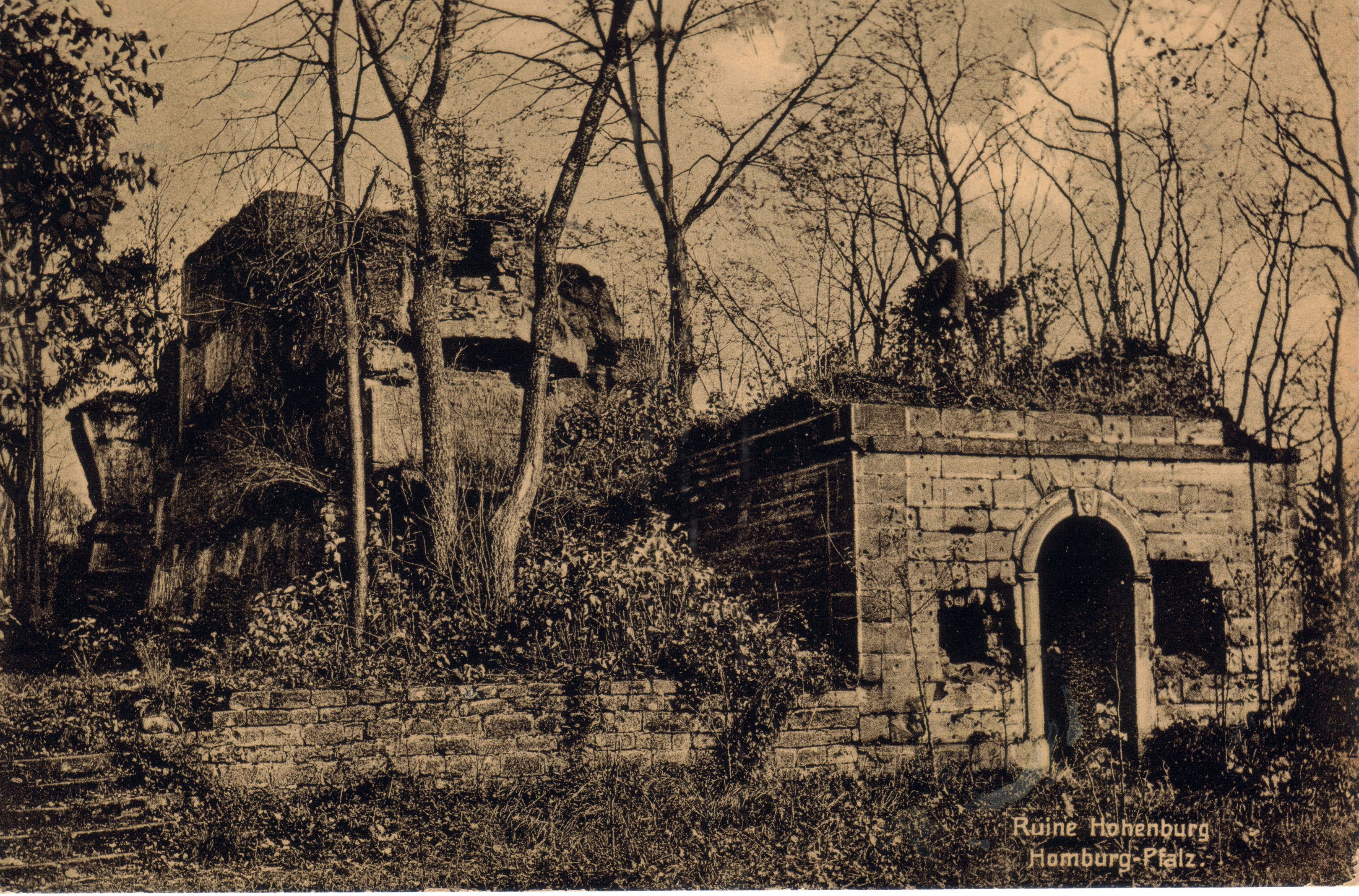Historische Postkarte der Ruine Hohenburg mit Mauerresten, Torbogen und kahlen Bäumen, beschriftet „Homburg-Pfalz“