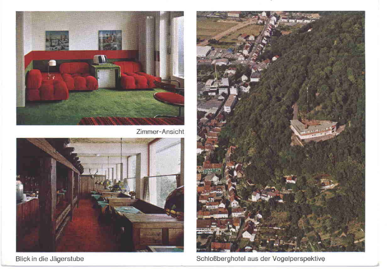 Historical postcard with a guest room, a view into the Jägerstube and a bird’s-eye view of the Schloßberghotel